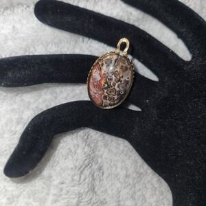 14k Gold Plated Leopard Skin Jasper Oval Cabochon Pendant Gold Tone Textured